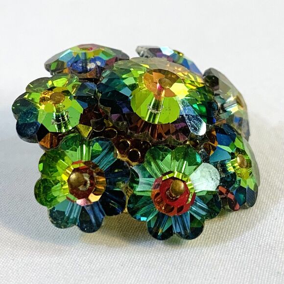 Vtg Watermelon Rivoli Purple Green AB Crystal Flower Cut Bead Cluster Brooch Pin - Picture 3 of 6
